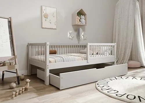 TIMBEE - Alfi Box - Kinderbett 70x140 mit Schublade - Bett Grau - Einzelbett für Kinder mit Lattenrost und Rausfallschutz Abnehmbar - Belastbar bis 100 kg - aus Kiefernholz Klasse 1