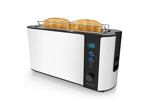 Arendo Toaster Edelstahl Langschlitz mit Display - 2-Scheiben-Toaster mit wärmeisolierendem Gehäuse, integriertem Brötchenaufsatz und Restzeitanzeige für perfektes Toasten und einfache Reinigung.
