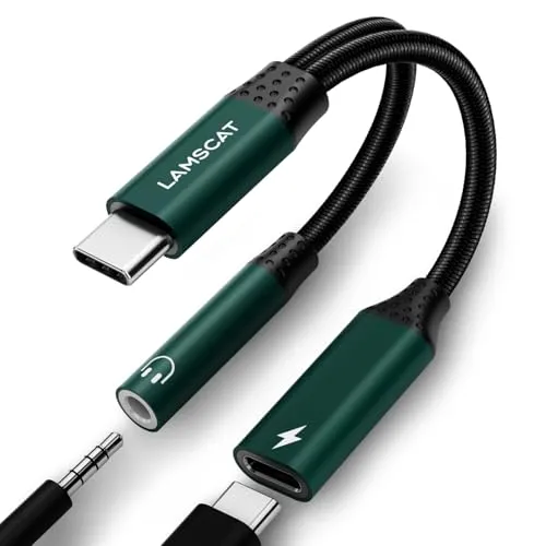 LAMSCAT USB C Kopfhörer Adapter und Laden, 2 in 1 Typ C auf 3.5mm Klinke Adapter Unterstützt 60W Schnellladung für Samsung S24/S23/S21/S20+ (grün)