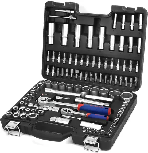 WorkPro 108-teiliges Werkzeugset - Vielseitiger Steckschlüsselsatz mit 1/2" und 1/4" Ratschenschlüsseln, ideal für Reparaturen an Autos, Fahrrädern und Motorrädern.