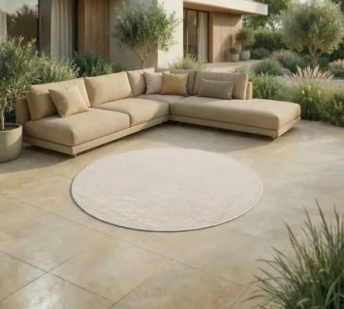 Jimri Outdoorteppich Key West, Rund, 120 cm - Eleganter runder Outdoorteppich in Weiß aus strapazierfähigem Polypropylen. Ideal für Balkon und Terrasse, wetterfest und pflegeleicht. Verleiht jedem Außenbereich einen modernen Touch.