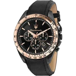 Maserati Traguardo Chronograph Herrenuhr - Armbanduhr mit 10 ATM Wasserdichtigkeit, elegantem schwarzen Lederarmband und präzisem Quarzwerk. Perfekt für den modernen Gentleman, der Stil und Funktionalität schätzt.