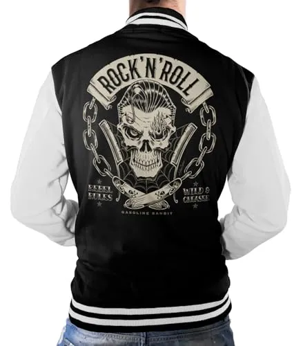 Gasoline Bandit Rockabilly Baseball College Jacke - Stylische Rockabilly College Jacke in Schwarz mit weißen Ärmeln und einzigartigem Motiv. Hergestellt aus 70% Baumwolle, 30% Polyester – ideal für Fans des Rock'n Roll. Perfekt als Geschenk!
