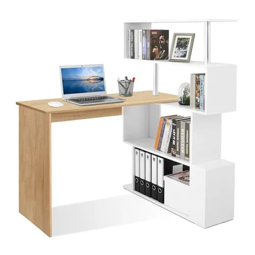 Mondeer L-Förmiger Computertisch mit Drehbarem Bücherregal - Schreibtisch mit modernem Design, perfekt für kleine Räume. Das 360° drehbare Regal bietet flexible Aufbewahrung und viel Platz für Computer und Zubehör.