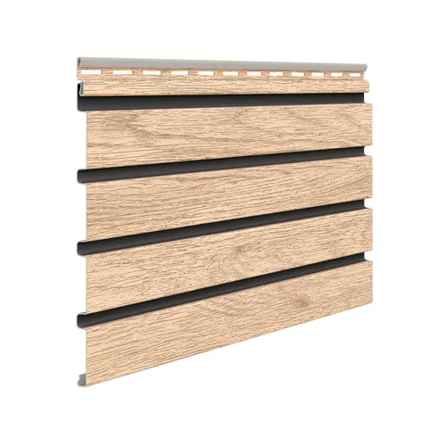 Fassadenverkleidung PVC Eiche Hell/Schwarz 295 x 28,3 cm - Robuste Fassadenverkleidung aus PVC, 295 x 28,3 cm, in elegantem Eiche hell und Schwarz. Ideal für eine ansprechende und pflegeleichte Außenoptik.