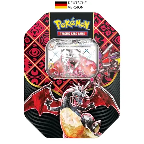 Pokémon Sammelkartenspiel Tin-Box - Karmesin Purpur Paldeas Schicksale, enthält holografische Promokarte Schillerndes Glurak-ex und 4 Boosterpacks zur Sammlungserweiterung