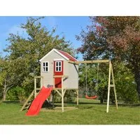 Wendi Toys Kinderspielhaus "Elefant" mit Rutsche und Schaukel - Spiel- und Klettergeräte: Stelzenhaus im skandinavischen Stil mit Veranda, ideal für kreative Abenteuer im Garten.