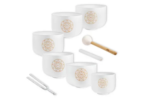 Meinl Sonic Energy Klangschalen Set mit Stimmgabel - 6-teiliges Klangschalen Set mit Solfeggio-Frequenzen, ideal für Meditation und Entspannung. Hochreine Quarzschalen erzeugen langanhaltende Klänge, die harmonische Schwingungen fördern. Inklusive Silikonringen und Stimmgabel.