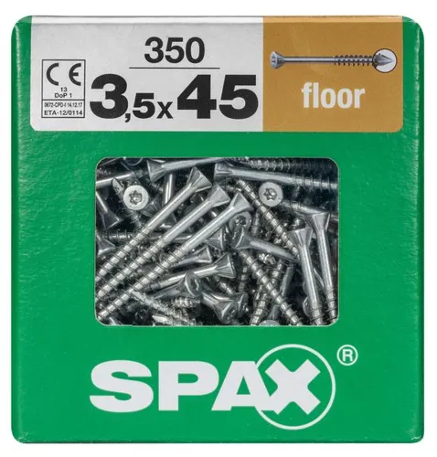 SPAX Massivholz-Fußboden Schrauben 3,5 x 45 mm - SPAX Schrauben für Massivholz-Fußböden, 350 Stück mit CUT-Spitze und WIROX-Beschichtung, ideal für eine sichere und langlebige Befestigung.