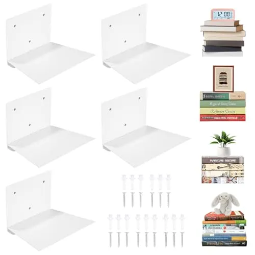 Ixydor Schwebendes Bücherregal 5er Set Schwebende Bücherregale Unsichtbare Regale für die Wand Unsichtbare Bücherregale Floating Bookshelf aus Metall für Schlafzimmer Büro Dekoration, Weiß