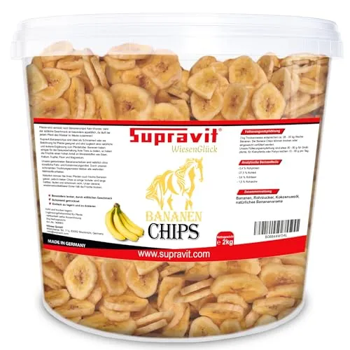 Supravit Bananenchips für Pferde – 2kg Eimer – knusprige Bananenscheiben aus 100% echten Bananen - Knusprige Bananenchips aus 100% echten Bananen – ideal als schmackhaftes Ergänzungsfutter für Pferde. Praktisch im wiederverschließbaren Eimer für lange Frische und einfache Portionierung.