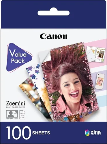 Canon Zink™ Fotopapier – Selbstklebendes 5 x 7,6 cm Fotopapier - Druckerpapiere: 100 Blatt wischfestes, wasser- und reißfestes Stickerpapier für personalisierte Handy-Fotos – ideal für kreative Andenken und Dekorationen.