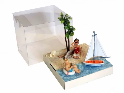 ZauberDeko Geldgeschenk Verpackung für Urlaub und Reisen - Hochwertige Geldgeschenkverpackung mit Dekofiguren und Platz für Geldscheine. Ideal für Geburtstag und Hochzeit, Maße: 18 x 18 x 14 cm.
