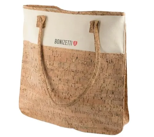 Bonizetti Korktasche Tragetasche CARINA 36cm x 36cm x 9cm Damentasche aus recyceltem Canvas und Kork Kork rau vegane und nachhaltige Handtasche, Henkeltasche, Shopper, Tragetasche, Schultertasche