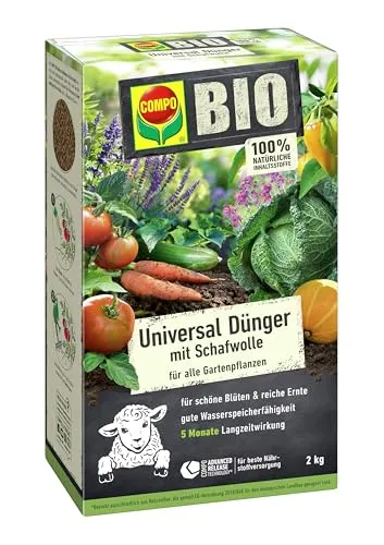 Compo Bio Universal Langzeit-Dünger 2 kg mit Schafwolle - Hochwertiger Naturdünger mit 50% Schafwolle für bis zu 5 Monate gleichmäßige Nährstoffversorgung. Ideal für alle Gartenpflanzen, Obst und Gemüse. Einfache Anwendung durch praktische Pelletform.
