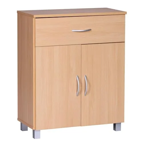 Wohnling Kommode WL1.335 - Elegante Buche mit 2 Türen und 1 Schublade - Flügeltürenschrank aus MDF mit Holzstruktur-Nachbildung, bietet viel Stauraum und einen höhenverstellbaren Fachboden für flexible Nutzung.