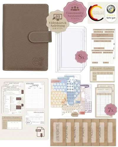BeginnerBudget® Budget Planner Deutsch - Starterset mit Sparchallenge Budgetplaner - Sparen mit Umschlagmethode + Anleitung - Ringbuch A6 - Binder A6 Litchi-Style (Braun)