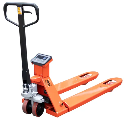 Schefer Gabelhubwagen Eco mit integrierter Waage – 2000 kg Tragkraft - Effizientes mobiles Wiegen mit dem Schefer Gabelhubwagen Eco. Ideal für Versand- und Wareneingangskontrollen. Ergonomisches Design und leise Polyurethanbereifung für mühelosen Lastentransport.