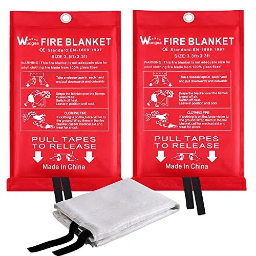 wucgea Löschdecke für küche - 2 Packung Feuerlöschdecke DIN EN 1869:2019 Sicherheit Glasfaser Brandschutzdecke für Fettbrände Auto Schule Kamin Grill Büro Garage Schweißen Lager 1,0m x 1,0m