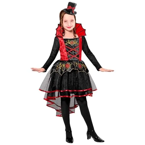 W WIDMANN MILANO Party Fashion - Kinderkostüm Vampirin, schwarz-rotes Kleid mit Minihut und glitzernden Spinnenweben, ideal für Fasching und Halloween