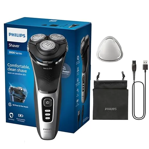 Philips Shaver 3000 Series S3241/12 - Silber Rotationsrasierer, bewegliche Klingen, 60 Min. Betriebszeit, inkl. Trimmer und Schnellladefunktion