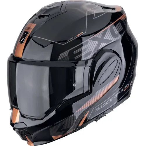 Scorpion Exo Tech Evo Traveller Motorradhelm Schwarz-Kupfer Gr. L - Motorradhelm in Größe L mit integriertem Sonnenvisier und optimaler Belüftung, ideal für alle Jahreszeiten und Onroad-Aktivitäten.