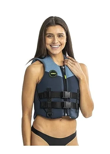 Jobe Neopreen Schwimmweste Damen Blau - 50N ISO-zertifiziert für optimale Schwimmhilfe. Bequeme Passform und flexibles Neoprenmaterial sorgen für hohen Komfort und Bewegungsfreiheit. Mit praktischem Front-Reißverschluss und verstellbarem Gurtband.