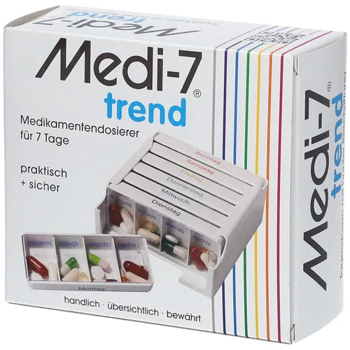 MEDI 7 Medikamentendosierer trend – Praktische Pillenorganisation - Der MEDI 7 Medikamentendosierer trend bietet eine einfache und übersichtliche Möglichkeit, Medikamente zu organisieren. Ideal für den täglichen Einsatz und zur Unterstützung der Pflege.