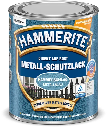 Hammerite Metallschutzlack Hammerschlag Metallblau, 250 ml - Lacke, direkt auf Rost anwendbar, witterungs- und UV-beständig für zuverlässigen Rostschutz mit hoher Schlag- und Kratzfestigkeit.