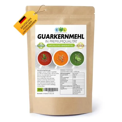 EWL Naturprodukte Guarkernmehl 200 g – Pflanzliches Verdickungsmittel - Unser Guarkernmehl ist ein vielseitiges, pflanzliches Bindemittel, ideal für die Zubereitung von Desserts und Soßen. Es ist glutenfrei, vegan und kommt in einem praktischen, wiederverschließbaren Beutel.