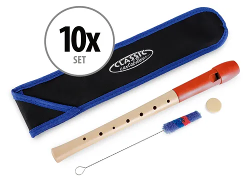 Classic Cantabile Pivella Blockflöte Rot 10er Set - 10er Set C-Sopran Blockflöten mit rotem Kunststoffkopf und Ahornunterstück, ideal für Schulprojekte und Anfänger. Inklusive Etui und Zubehör für einfachen Start.