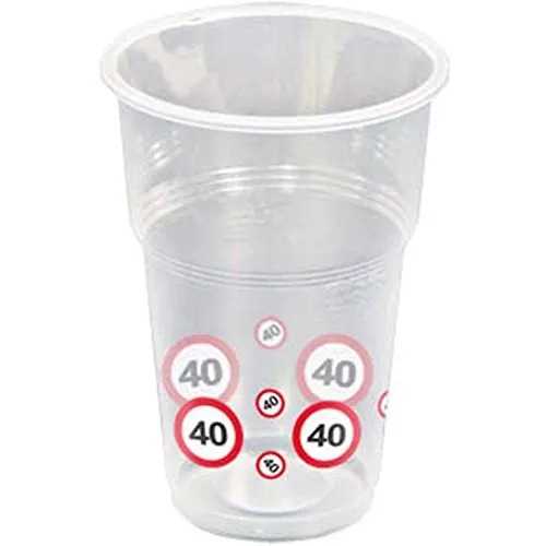 NET TOYS 40. Geburtstag Becher Verkehrsschilder 350 ml Kunststoffbecher Partybecher Mehrwegbecher Plastikbecher Kunststoffbecher Plastikgeschirr Trinkbecher Geburtstagsbecher