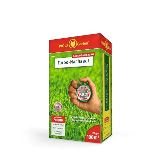 WOLF-Garten Turbo-Nachsaat LR 100 - 1St. - Dünger für Nachsaat, hochwertige Mischung für lückigen Rasen, 30 % schnellere Keimung und extrem belastbar.