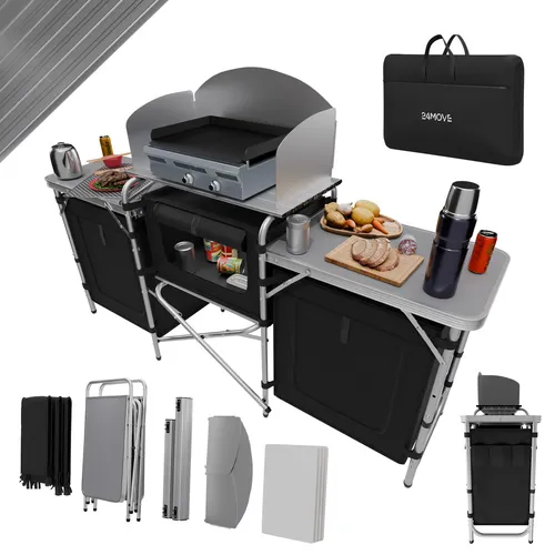 24MOVE® Campingküche - Faltbarer Alu Campingschrank mit Windschutz - Camping-Möbel mit witterungsfestem, leichtem Design. Ideal für Outdoor-Aktivitäten wie Backpacking und Camping, inklusive praktischer Tragetasche.