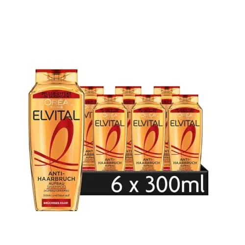 L'ORÉAL PARIS Elvital Anti-Haarbruch Shampoo 6-tlg. - Shampoo für jeden Haartyp, stärkt brüchiges Haar mit Aufbau-Ceramid für geschmeidigen Glanz und gesunde Haarstruktur.