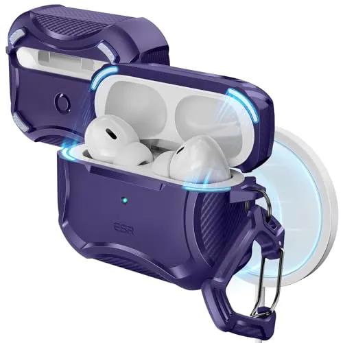 ESR für AirPods Pro 2 Hülle (2023/2022/2019), Cyber Armor Panzer für AirPods Pro 2./1. Generation(USB-C/Lightning Kabel), MagSafe Ready, Starker Sturzschutz, Magnetischer Deckel, Lila