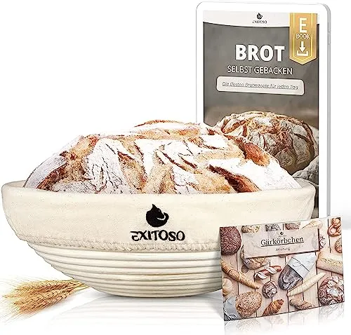EXITOSO Gärkörbchen 25cm mit E-Book - Beige/Weiß - Perfekte Brotbackform für Hobbybäcker: Atmungsaktives Gärkörbchen aus natürlichem Peddigrohr, inkl. Leinenstoff und E-Book-Rezept. Für eine optimale Teigstruktur und luftige Brote!