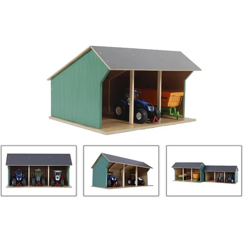 Kids Globe Agricultural Shed 1:32 - Holzspielzeug, hochwertiger Bauernhofschuppen für 3 Traktoren, ideal für kreative Spielstunden und selbst zusammenbaubar.