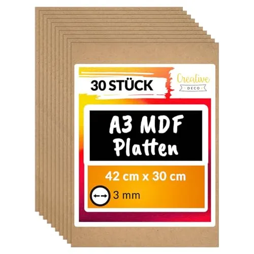 Creative Deco A3 MDF Platten 30 Stück | Ideal für Bastelprojekte - Basteln mit hochwertigen A3 MDF Platten (420 x 300 x 3 mm) – perfekt für Laserschnitt, DIY, Modellbau und Innendekoration. Abgerundete Kanten sorgen für Sicherheit und Vielseitigkeit in jedem Projekt.