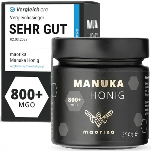 maorika Manuka Honig 800 MGO - 250g Glas, lichtundurchlässig, plastikfrei - Brotaufstrich, laborgeprüfter Manuka Honig aus Neuseeland mit mindestens 800 mg/kg MGO für höchste Qualität, in umweltfreundlichem Glas ohne Plastik verpackt.