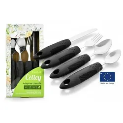 Celley Ergonomisches Besteckset für Senioren – 4-teiliges Set - 4-teiliges Besteckset mit rutschfestem Griff von Celley. Ideal für Menschen mit eingeschränkter Griffkraft, bietet es Komfort und Kontrolle beim Essen.