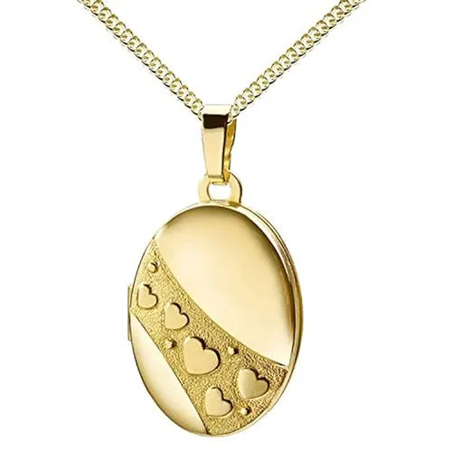 JEVELION Goldamulett Medaillon für 2 Bilder 333 Gold 8 Karat Bild Amulett mit Herzen zum Öffnen für Damen mit Halskette und Schmuck-Etui Mit Damenkette 925 Silber vergoldet - Kettenlänge 50 cm.