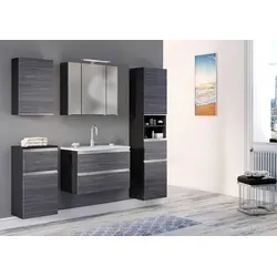 Badezimmergarnitur 'Arezzo' in Silber/Eiche - Moderne Badezimmergarnitur 'Arezzo' in stilvollem Silber und Eiche. Perfekt für ein elegantes Ambiente und hohe Funktionalität in Ihrem Bad.