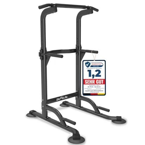 DH FitLife Power Tower: Multifunktionale Dip Station und Klimmzugstange - Kraftstation für Zuhause mit ergonomischem Design und verstellbarer Höhe von 170-210 cm, ideal für intensives Training und maximale Gewichtskapazität von 150 kg.