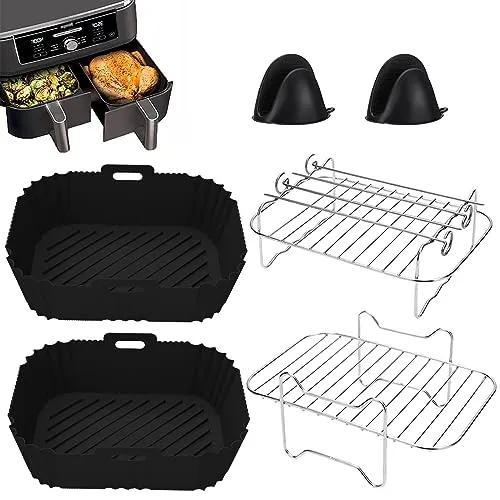 Dual Zone Heißluftfritteusen Zubehörset für Ninja, COSORI & mehr - 6-teiliges Zubehörset für Friteusen, inklusive Silikonformen und Edelstahl-Grillrost. Ideal für gleichzeitiges Garen mehrerer Speisen und einfache Reinigung. Perfekt für gesunde Kochoptionen!