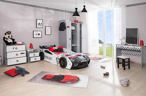 Kinderzimmer Set mit Police Autobett 5-teilig Weiß - Jugendzimmer-Sets für kleine Polizeifans! Das 5-teilige Set in Weiß bietet alles für ein traumhaftes Kinderzimmer: Kleiderschrank, Wäschekommode und Nachtkommode im coolen Polizeidesign.