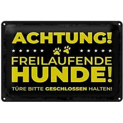 Roomando Metallschild Blechschild Hund Achtung freilaufende Hunde 30x20cm 30x20