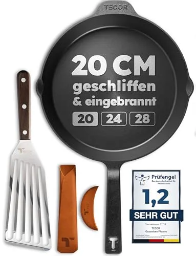 TECOR Gusseisenpfanne 20 cm - Universell einsetzbare Antihaftpfanne - Pfanne aus Gusseisen für alle Hitzequellen, mit natürlicher Antihaftwirkung und langlebigem Design - ideal für vielseitige Kochmethoden.