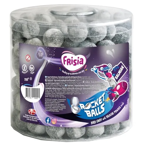 Frisia Rocket Balls Salmiak Kogels – 200 Stück - Knusprige Salmiak-Kugeln für echten Genuss, ideal zum Teilen oder Naschen. Perfekt für Liebhaber von salzigen Süßigkeiten!