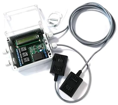 Feuchtraum Entfeuchter mit Lüftersteuerung - Luftentfeuchter mit digitaler Taupunktlüfter Steuerung im IP65 Gehäuse, ausgestattet mit 2x Sensirion SHT-31 Sensoren für präzise Messungen und programmierbarer LCD Uhr.